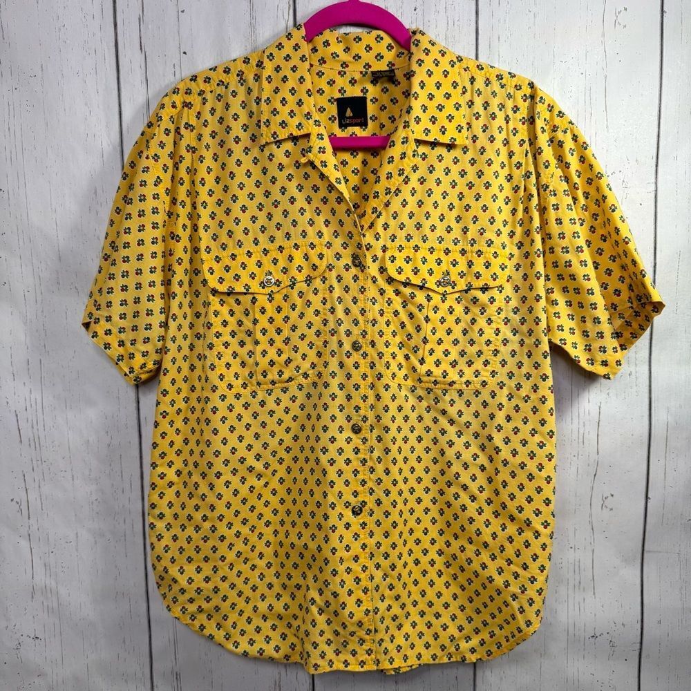 Lizsport Vintage Floral Button Down Shirt Yellow Cotton Short Sleeve L 90s Retro